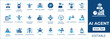 © FlatCore Studio - AI agent and artificial intelligence icon set featuring chatbot, virtual assistant, machine learning, neural network, automation, smart prompt, and digital brain symbols.