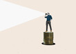 © Igor Link - Art collage. businessman with binoculars standing on the stack of coins where to look. Business finance analytics and strategic. Find a way.