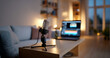 © perfectlab - Close-up of professional condenser microphone on wooden table with blurred laptop and cozy living room background in evening light
