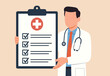 © JWEL - Medical clipboard, prescription or insurance document, health check or doctor diagnosis record, medicine or medicare checklist concept, doctor with stethoscope holding medical clipboard prescription