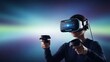 © YuDwi Studio - Person wearing a virtual reality headset and holding controllers, immersing in a digital world with futuristic lighting effects