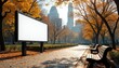 © miss irine - Blank white outdoor billboard in urban park during autumn. Vibrant fall foliage with yellow orange leaves on trees, ground. Paved pathway with benches, city skyline skyscrapers. Empty sign mockup for