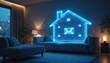 © miss irine - Illustration presents glowing outline of house in modern living room setting. Email icons inside symbolize smart home tech, digital communication. Concept represents connected home security