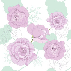  Pastel pink roses with soft shading on a white background, accented by light green shapes and delicate leaf outlines, seamless pattern.