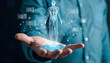 © Odye Design Art - Digital Human Body Hologram in Hand Advanced Medical Technology, AI Diagnostics, Future Healthcare, and Innovative Health Solutions Concept