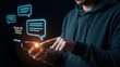 © Mani - Person uses a smartphone to interact with a glowing chat bubble interface representing ai communication.