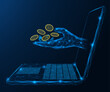 © Ilya - A source of online income. A hand coming out of a laptop and giving away gold coins. The concept of monetization of digital solutions. Polygonal design, blue background.