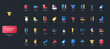 © Iconic Prototype - Gradient flat style icons set with clothing size, measurement, apparel, footwear, accessories, and fit indicators on dark UI background vector illustration for fashion and retail themes.
