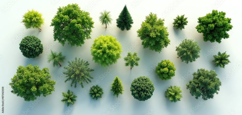 Overhead view of various 3D rendered green trees. Assortment of ...