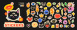 © Anastasiia Hevko - Punk and rock roll sticker collection with crayon drawn illustrations. Funky hipster and rave stickers, 90s style rock and roll doodles. Naive playful punk badges for music festival and urban design.