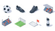 © Santiago - Isometric soccer essentials: shoes, ball, stadium, and equipment for football enthusiasts