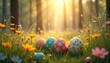 © Vadym - Colorful Easter eggs rest on green grass among wild flowers. Sunbeams filter through trees illuminating festive spring meadow. Outdoors nature scene for holiday celebration.
