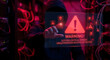 © Shahbaz - Cyber attack warning with unauthorized access detected message and hooded hacker in server room
