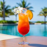 Refreshing tropical cocktail with orange slice and orchid on sunny table