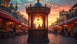 © Vadym - An illustration depicts fortune teller booth in market at sunset. Ornate booth has warm light inside. People walk along street. Night lights on buildings and street create mystical ambience.