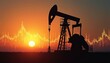 © Vadym - Oil pump silhouette. Economic graphs merge with sunset background. Concept of energy market financial impact. Illustration visualizes crude oil industry trade business analysis and global economy.
