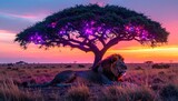 Majestic Lion Resting Under Acacia Tree at Sunset in African Savannah.