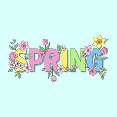 Naklejka na meble Spring word with flowers and pastel colors on light blue background