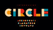 © 100% HAND-CRAFTED - Colorful geometric font. Modern creative typeface with English alphabet letters. Typography set with letters made from circles, rectangles, and triangles. Flat vector collection isolated on background