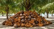 © Sergiy - A large pile of brown coconuts and fibrous husks rests on a sandy tropical beach, with lush green palm trees and the blue ocean visible in the sunny background.
