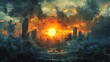 © istia - A post-apocalyptic city skyline with a bright sun shining through a heavy cloud cover, creating an eerie and dramatic scene.