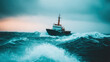 © red_orange_stock - Strong waves toss a boat in rough seas during a stormy evening