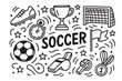© primus - Funny doodle vector background pattern with a soccer theme, showcasing cute football illustrations, dynamic sketches, and repeating elements that bring fun, action, and lively sports vibes.