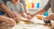 © Mst - Family hands baking cookies together with kids and adult hands on wooden table making dough for homemade treats fostering joy and family bonding