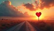 © Pete - Road leads through golden grassy field towards fiery sunset. Red heart symbol stands on pole beside path. Dramatic clouds fill warm, orange sky, creating romantic and hopeful scene.