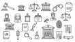 © Airwj - Collection of line art icons representing various elements of the legal system, justice, and law enforcement.