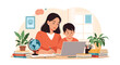 © Mitthila Vectx - Mother helping her young son with schoolwork on a laptop while sitting at a desk filled with books and a globe in a home office.