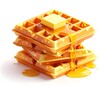© Ayu - Stacked golden waffles with melting butter and pouring syrup on white