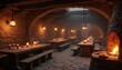 © Pete - Illustration of medieval tavern interior with stone walls wooden tables benches. Warm light from lamps fireplace creates cozy atmosphere. Illustration is perfect for fantasy games historical articles.