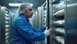 © Pete - Man in blue uniform and hairnet checks meat packages stacked in cold storage freezer. Worker inspects inventory in industrial food processing plant. Temperature control is vital for safe food.