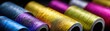 © PengAI - A vibrant collection of metallic sewing threads in various colors, lined up neatly, showcasing their shimmer and texture.