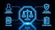 © solom - futuristic neon blue interface displaying ai ethics and legal compliance icons for human oversight ethical standards corporate policies and regulatory scales of justice