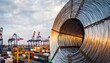 © Lightning - Massive steel wire coils reflecting sunlight at a busy industrial shipping port, highlighting global trade and infrastructure, for import, export and manufacturing