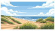 © meeblues - Flat vector illustration of Delaware coastal landscape featuring sandy beaches, dunes, ocean horizon, and coastal grasses, simple seaside scenery in solid colors and clean lines