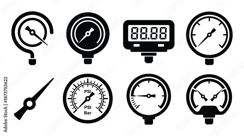 Pressure gauge vector set, analog and digital, black and white ...