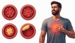 © Viktor - Man feels chest pain, artery blockage shown with plaque buildup. Cardiovascular disease illustration, atherosclerosis symptoms, heart attack risk, cholesterol deposits narrowing blood vessels.