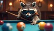 © Viktor - Cool raccoon wearing sunglasses plays billiards indoors at a pool table. The furry animal holds a cue stick, aiming at colorful balls for a game. This funny scene suggests leisure and fun.