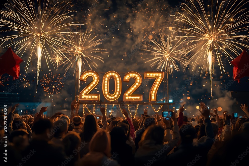 Photo Stock Generative AI Celebrate New Year 2027 with Fireworks