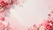 © Yan - A beautiful border of soft pink roses and heart decorations frames a light pink background with subtle floral patterns and ribbons.