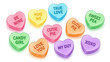 © Zunaisha - Colorful conversation hearts with love messages are scattered on a white background