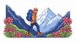 © Rani - Hiker with backpack traverses rocky mountain path amidst pink flowers and snowy peaks