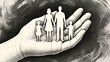 © VIRTA JUHO MIKKO - Stylized illustration depicts a protective hand cradling a paper-cutout family silhouette representing parental care, insurance security, and cherished domestic unity.