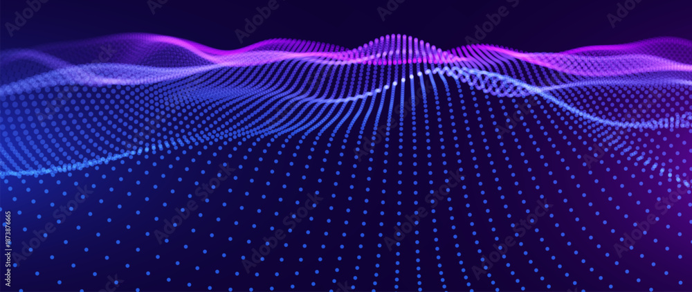 Big Data Flow With Glowing Particle Waves On Dark Background. Abstract ...