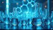 © Maryna - Scientific laboratory illustration with glass flasks. Blue toned photo shows lab equipment. Glassware on reflective table. Science concept. Medical research design background.