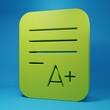 © Kostiantyn - Green Exam sheet with A plus grade icon isolated on blue background. Test paper, exam, or survey concept. School test or exam. Minimalism concept. 3D render illustration