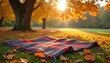 © Maryna - Cozy picnic blanket on green grass in autumn park with fallen leaves. Plaid blanket on lawn. Fall season background. Warm color palette and peaceful atmosphere with sun.